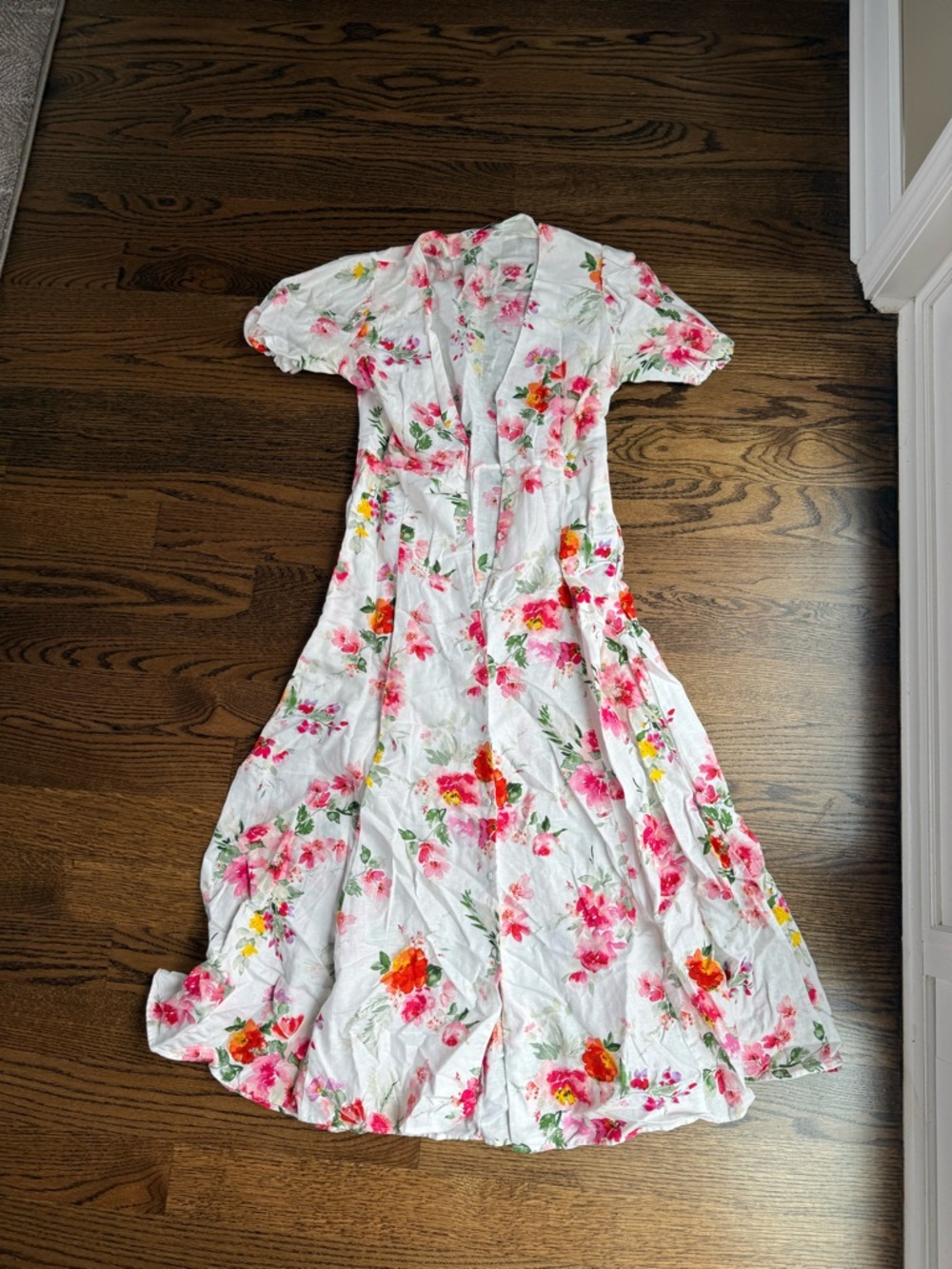 Zara White Maxi Dress with Pink, Green & Yellow Floral Print